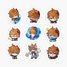 six anime character stickers with different hair styles and colors, all on white background