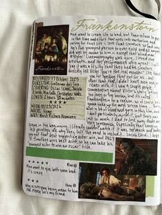 an open book with pictures and writing on it