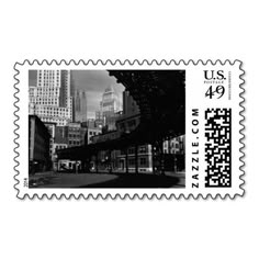 a postage stamp with the city skyline in black and white