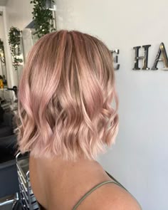 Peach Pink Blush, Pink Highlights In Short Blonde Hair, Blonde And Pink Bob, Blush Pink Highlights, Blush Pink Hair Color, Blush Hair Color, Pink Blonde Highlights, Pink Blond Hair, Blush Blonde