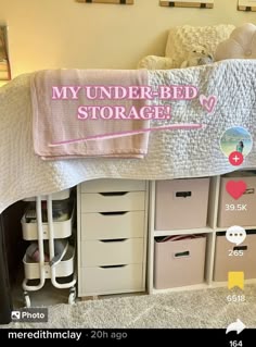 a bed with lots of drawers underneath it and a sign that says, my under - bed storage
