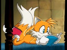 an orange and white cat laying on top of a bed next to a blue book