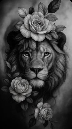 a black and white drawing of a lion with flowers on its head, surrounded by roses
