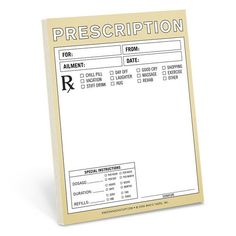 a prescription card with the word prescription written on it in white and black ink, against a light yellow background