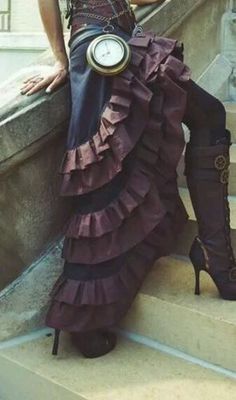 Steampunk Tail, Steampunk Clothing Fabric, Steampunk Fabric Inspiration, Steampunk Costume Fabric, Steampunk Ruffled Skirt For Halloween, Purple Steampunk, Steampunk Parade, Steampunk High Low Skirt, Knee High Steampunk Boots