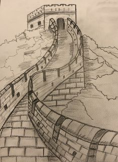 a drawing of the great wall of china, drawn in graphite on white paper
