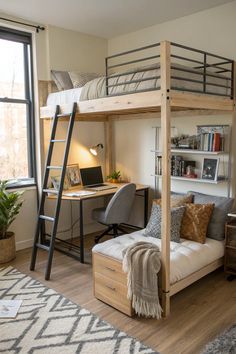 a loft bed with a desk underneath it and a ladder to the upper level above