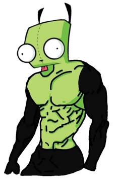 a cartoon character with an ugly green face and black pants, holding his hands in his pockets