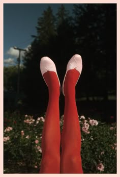 a woman's legs with red tights and white shoes in front of flowers