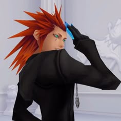 a cartoon character with red hair and green eyes combing his hair in front of a mirror