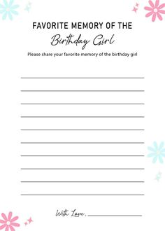 a birthday card with pink flowers and stars on the bottom, says favorite memory of the birthday girl