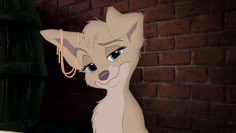 an animated cat is standing in front of a brick wall and looking at the camera