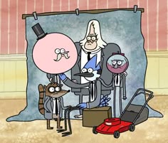 a man in a suit and tie standing next to some cartoon characters