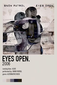 an advertisement for snow patrol eye's open, featuring two people hugging each other