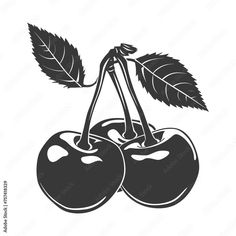 two cherries with leaves on them