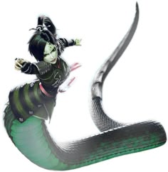 a woman in black and green outfit riding on top of a snake like creature with long tail