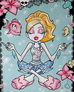 a painting of a woman sitting in the middle of flowers and holding a pink fish