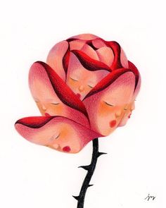a drawing of a pink rose with two babies sleeping on it