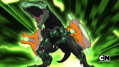 an animated dinosaur with green and orange accents