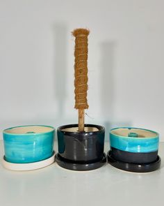 there are three bowls and a small wooden stick in the middle one is black, the other is blue
