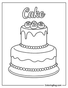 a cake with the word cake on top and two candles at the bottom coloring page