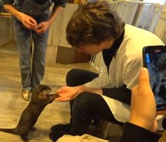 a man kneeling down petting a small animal in front of a person taking a photo