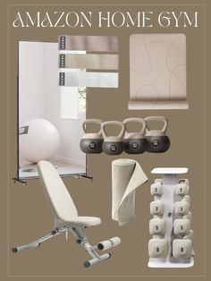 an assortment of home gym equipment including chairs, yoga mat and exercise balls with the words amazon home gym above them
