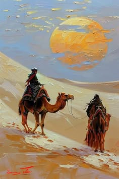 two people riding on camels in the desert