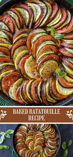 baked ratatoulie in a pan with basil leaves on top and the recipe below