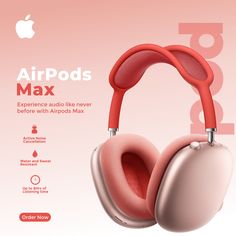 an advertisement for the airpods max headphones, with red handles and ear cushions