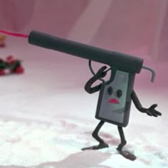 a cartoon character holding a large object in his hand while standing on snow covered ground