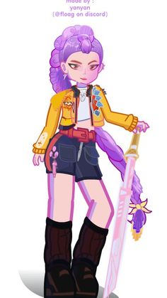 a girl with purple hair and boots holding a skateboard in one hand, while standing on