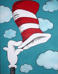 a painting of the cat in the hat flying through the air with clouds behind it