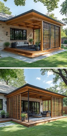 two pictures of a modern house in the middle of a yard with grass and trees
