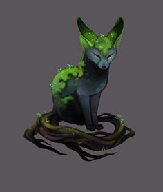 a green and black cat sitting on top of a tree branch in front of a gray background