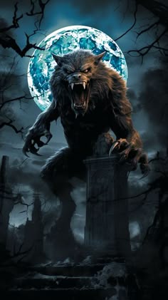 a monster with fangs on its head standing in front of a full moon and cemetery