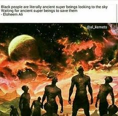 an image of some people standing in front of a sky full of stars and planets