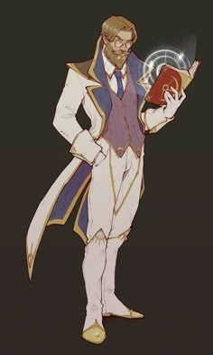 a drawing of a man holding a book in one hand and an object in the other