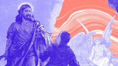 an illustration of jesus and two men with angel wings in front of a purple background
