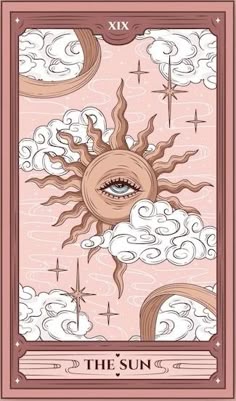 the sun tarot card with clouds and stars in pink, white and brown colors
