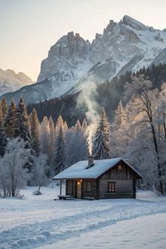 House In Snow Aesthetic, Rustic Winter Cabin In Snowy Landscape, Snowy Mountain View From Cabin, Hut In The Snow, House On Snowy Mountain, Snowy Cabin In Scenic Landscape, Winter Mountains, Cabin Snow, Snow-covered Mountain Cabin With Clouds