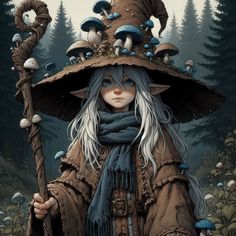 a painting of a woman wearing a hat and holding a stick with mushrooms on it