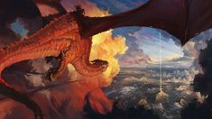 a dragon flying through the air over a mountain
