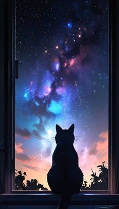 a cat sitting in front of a window looking out at the night sky and stars