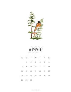 a calendar with an image of a bird on top of a tree and the words, april