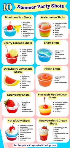 10 Jello shot recipes, each with a labeled photo and ingredient list. Shots include Blue Hawaiian, Watermelon, Cherry Limeade, Shark, Strawberry Lemonade, Peach, Strawberry, Pineapple Upside Down, 4th of July, and Strawberries & Cream. Text at the top reads "10 Summer Party Shots," and each shot is shown in a small plastic cup with decorative fruit or candy toppings.