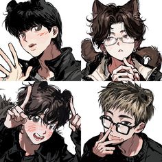 four different pictures of the same person with glasses and cat ears on their head, one in