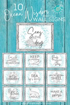the ocean wedding signs are shown on a blue wood background with white lettering and hand drawn images
