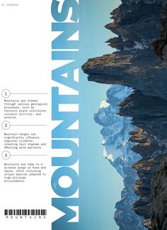 the back cover of an information book with mountains and blue sky in the background that reads mountain