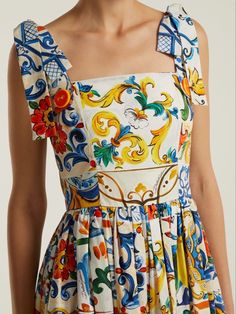 Majolica Print Outfit, Dolce And Gabbana Fruit Dress, Majolica Dress, Sicilian Print Dress, Dolce And Gabbana Maiolica Dress, Majolica Print Fashion, Dolce And Gabbana Colorful Dress, Multicolor Printed Cotton Dress, Sleeveless Cotton Dress With Multicolor Print